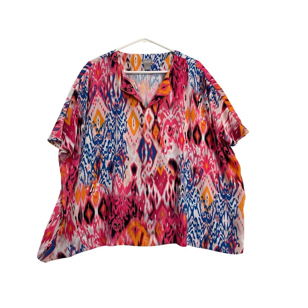 Chico's Ikat Split Neck Tunic Top 3 XL 16/18 Oversized Flowy